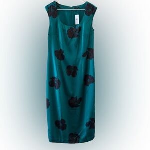 Ann Taylor Teal Midi Dress with Black Floral Flowers NWT 8